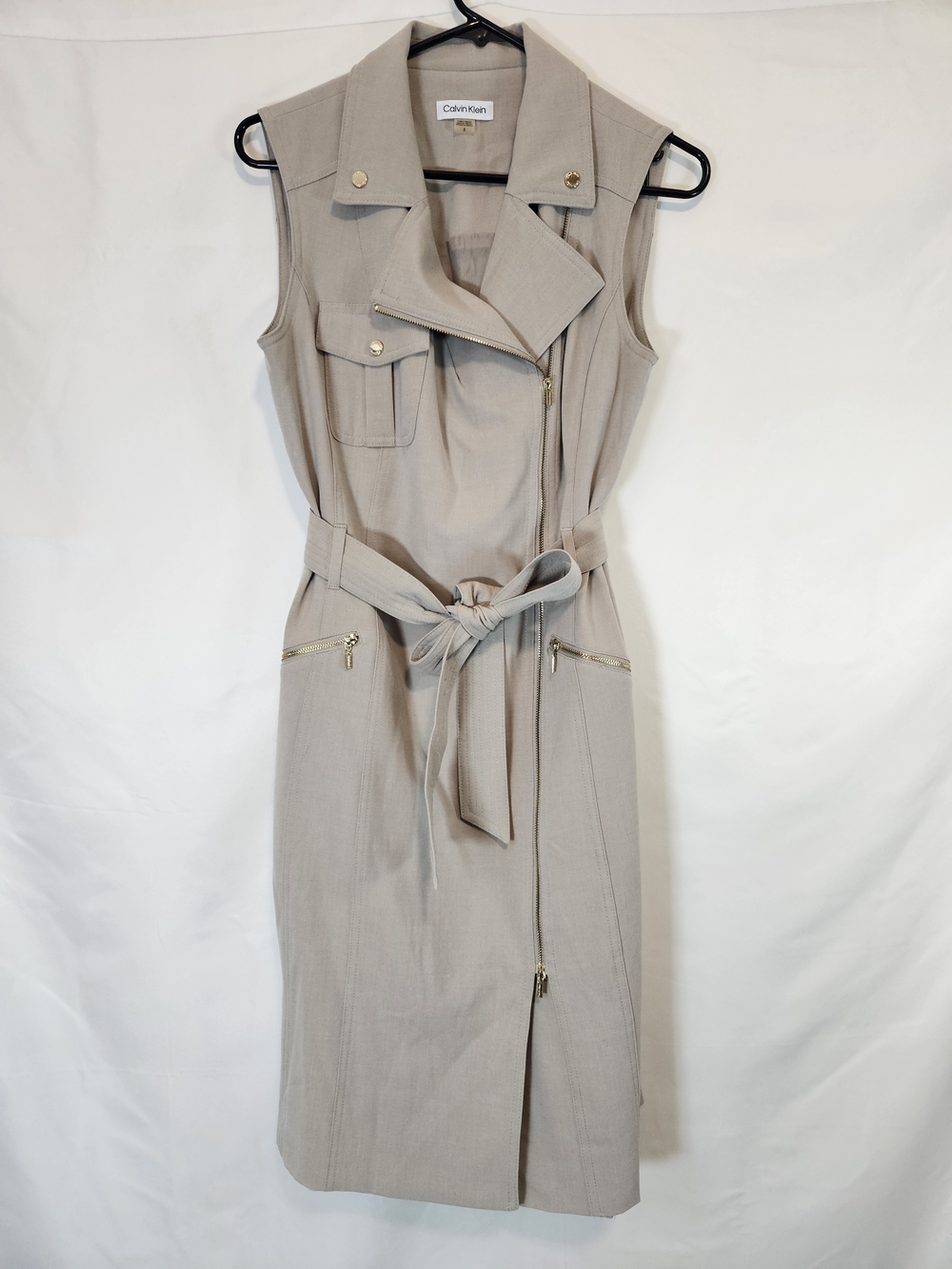Calvin Klein Beige Sleeveless Tie-Waist Midi Dress with Gold Hardware Utility